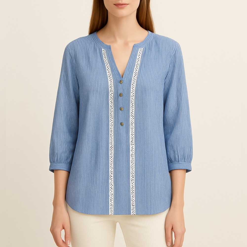 Ivanka Trump| Striped Blouse with Lace Trim